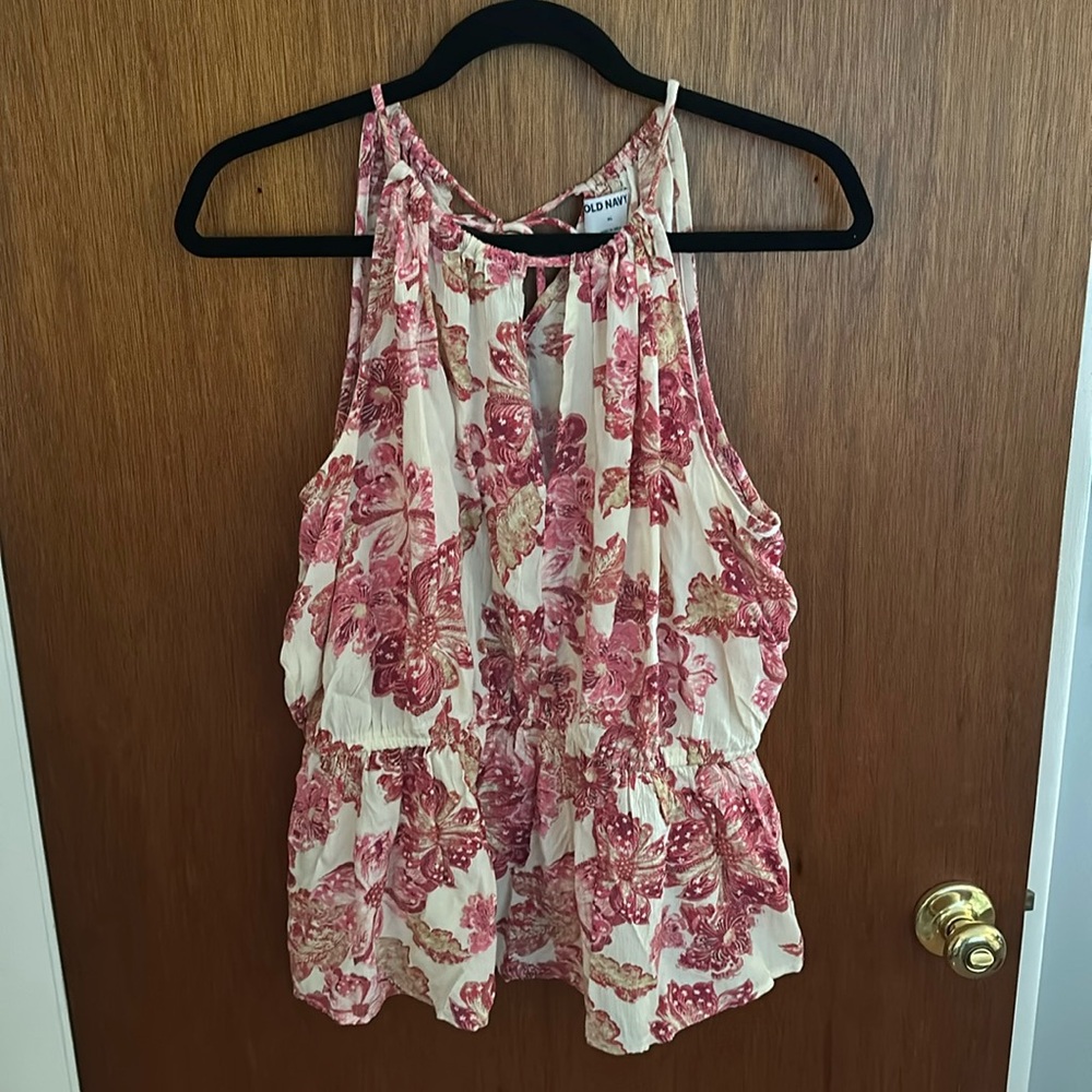 White and pink floral flowy peplum blouse from Old Navy